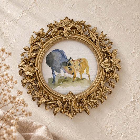 Mama Cow and Baby Calf round framed art print, gold baroque frame