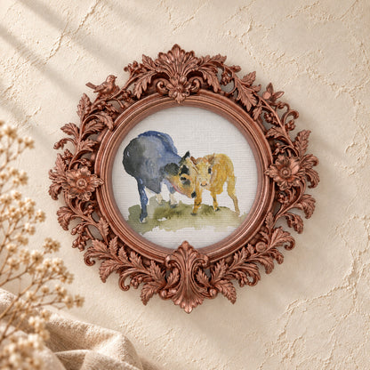 Mama Cow and Baby Calf round framed art print, rose gold baroque frame
