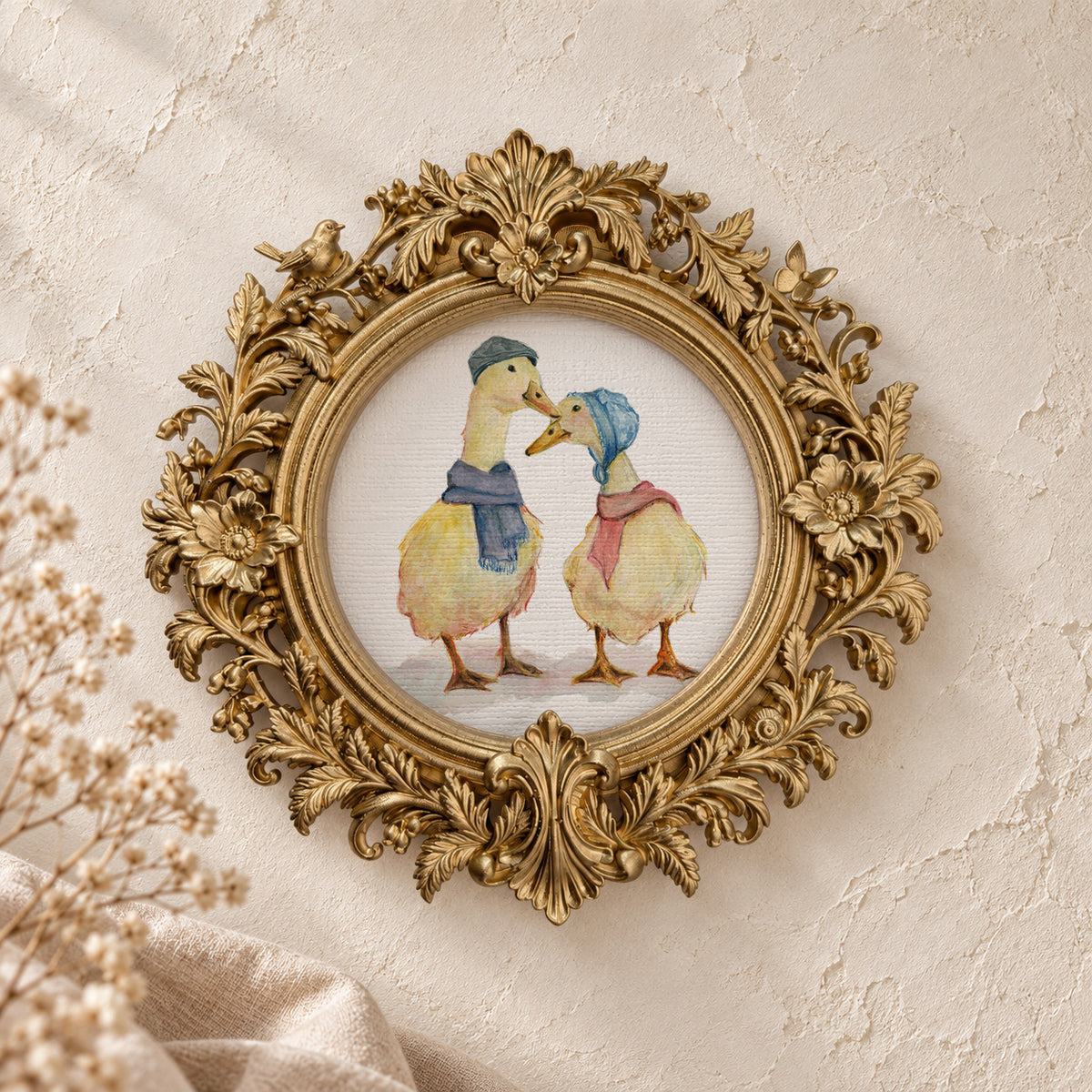 Mama Duck and Daddy Duck round framed art print, gold baroque frame