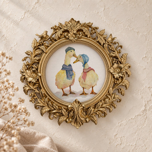 Mama Duck and Daddy Duck round framed art print, gold baroque frame