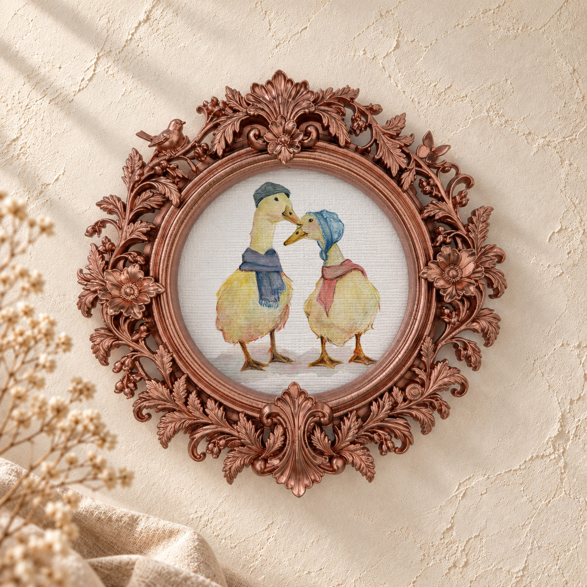 Mama Duck and Daddy Duck round framed art print, rose gold baroque frame