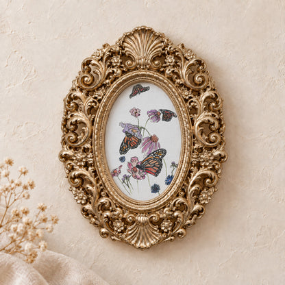 Monarchs and Coneflowers framed art print, gold baroque frame
