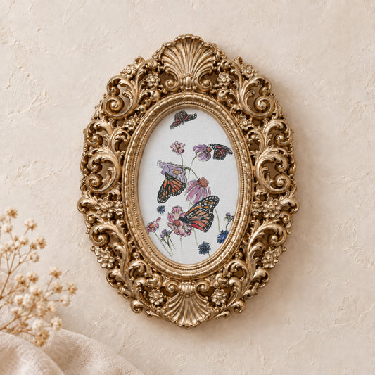 Monarchs and Coneflowers framed art print, gold baroque frame