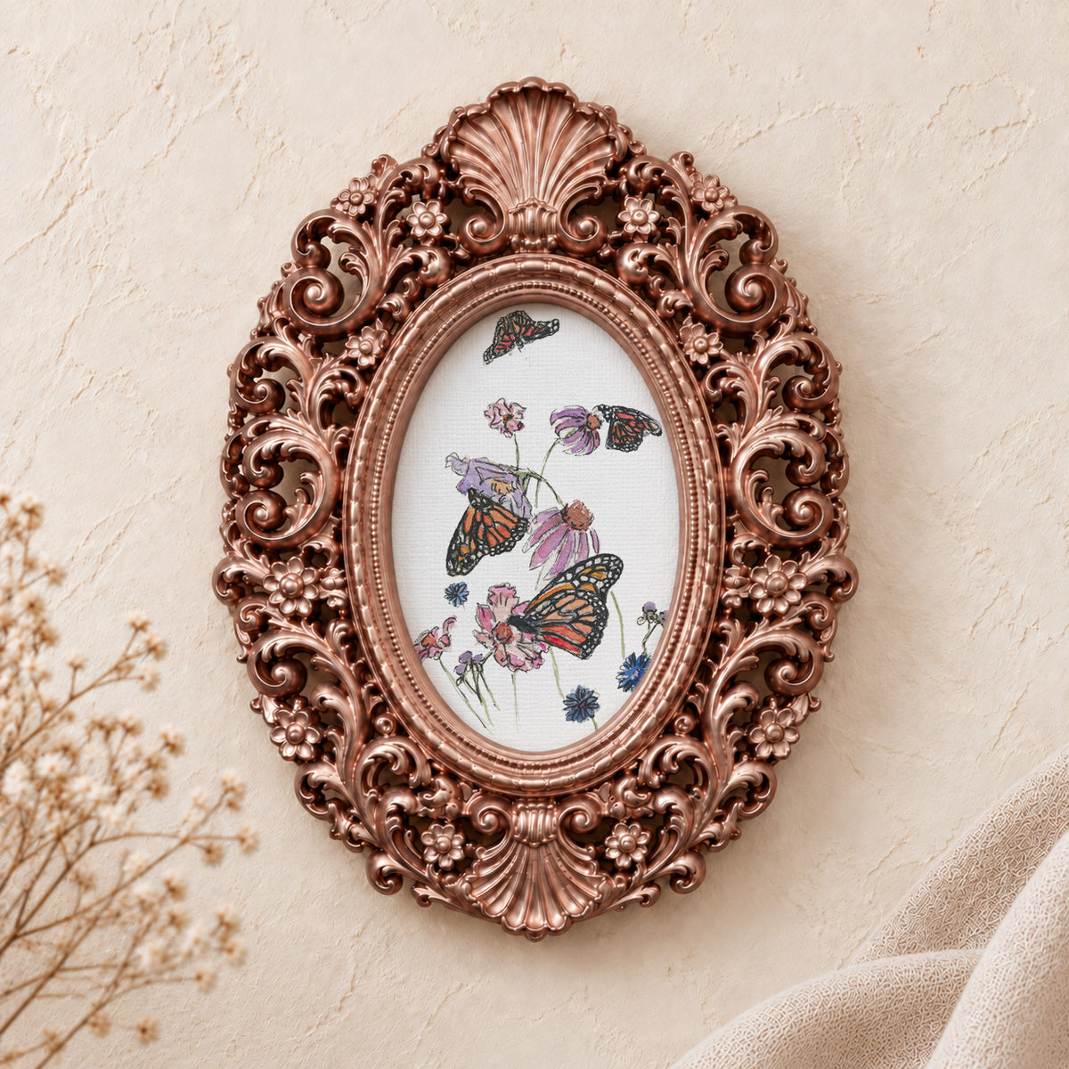 Monarchs and Coneflowers framed art print, rose gold baroque frame