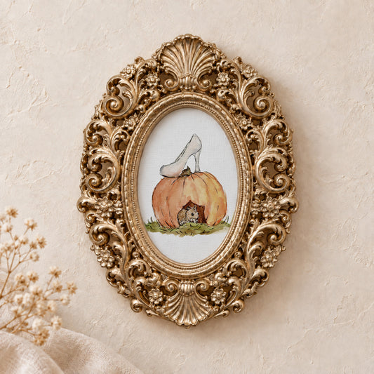 Mouse Pumpkin House framed art print, gold baroque frame