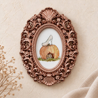 Mouse Pumpkin House framed art print, rose gold baroque frame