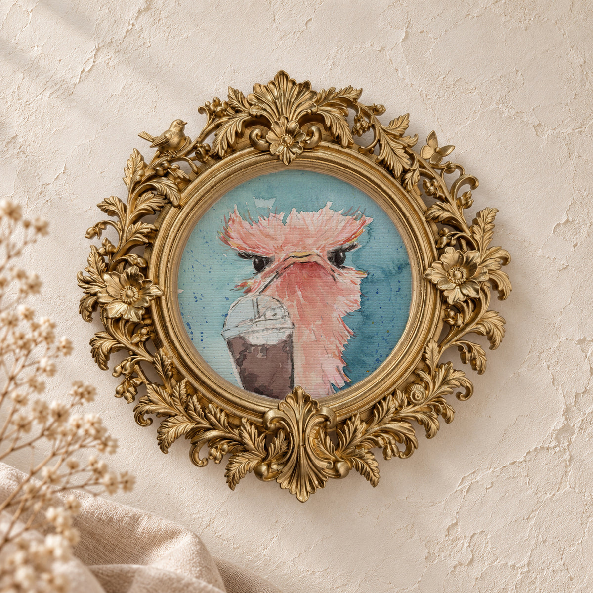 Ostrich and Ice Coffee round framed art print, gold baroque frame