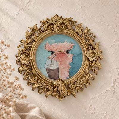Ostrich and Ice Coffee round framed art print, gold baroque frame