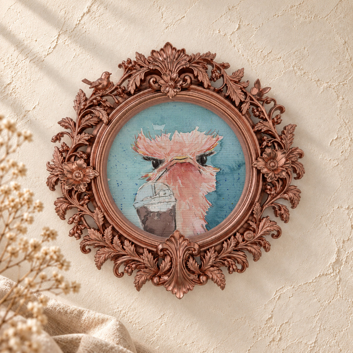 Ostrich and Ice Coffee round framed art print, rose gold baroque frame
