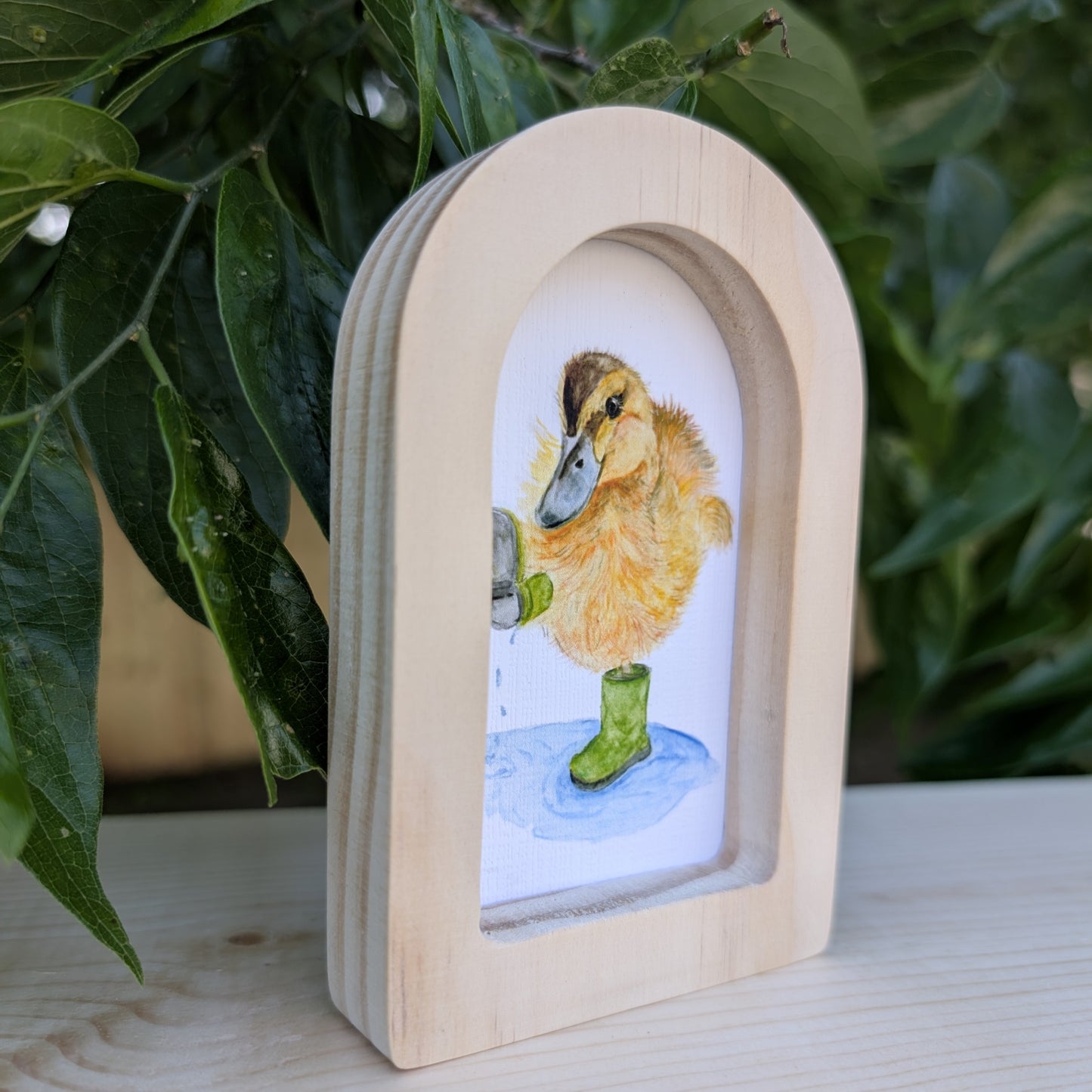Mini Ducky in Boots Print in Solid Wood Arch Frame