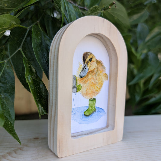Mini Ducky in Boots Print in Solid Wood Arch Frame