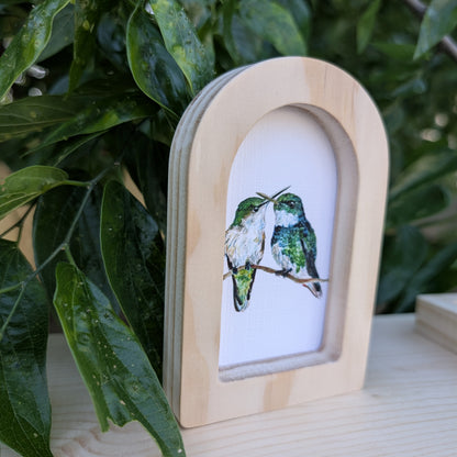 Mini Green Hummingbird Pair Print in Solid Wood Arch Frame
