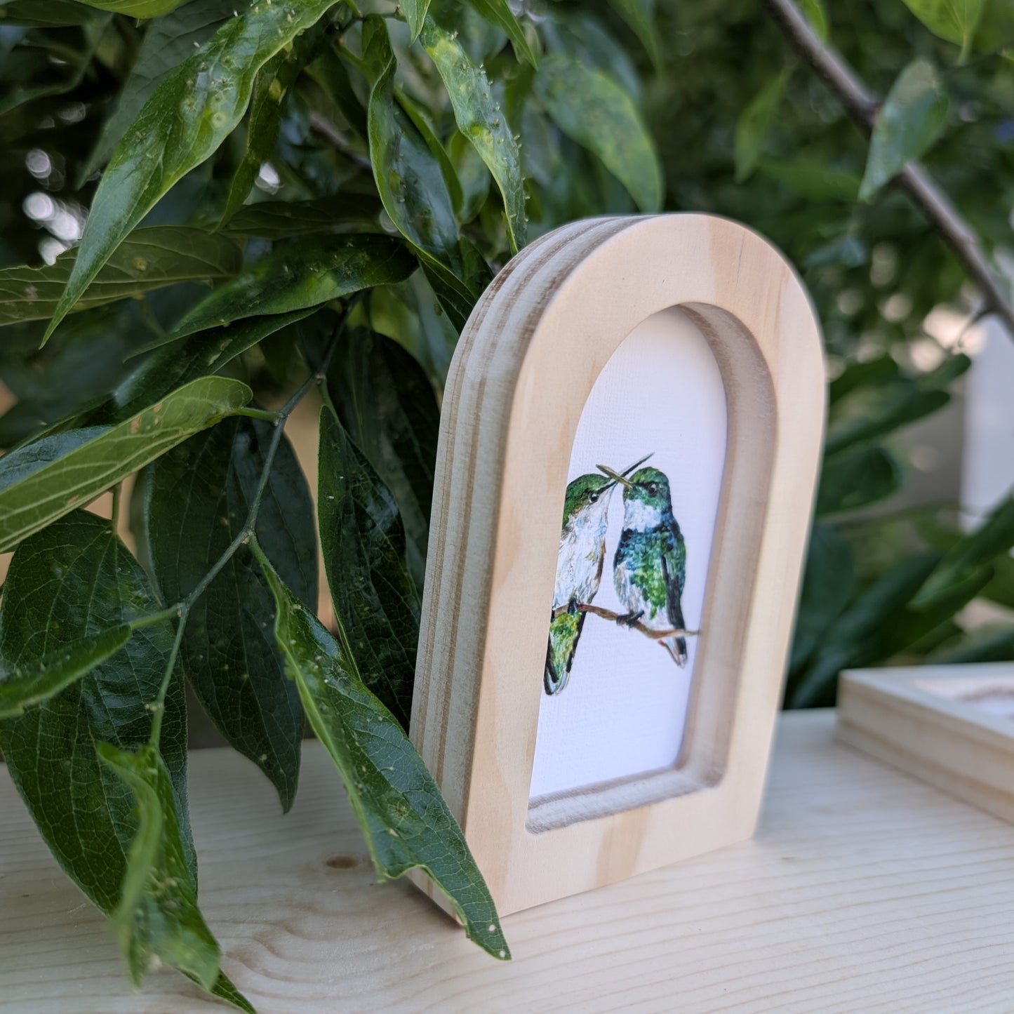 Mini Green Hummingbird Pair Print in Solid Wood Arch Frame