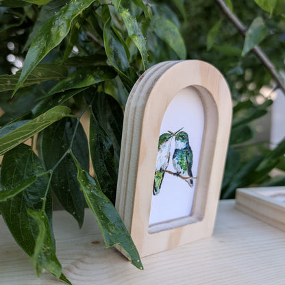 Mini Green Hummingbird Pair Print in Solid Wood Arch Frame