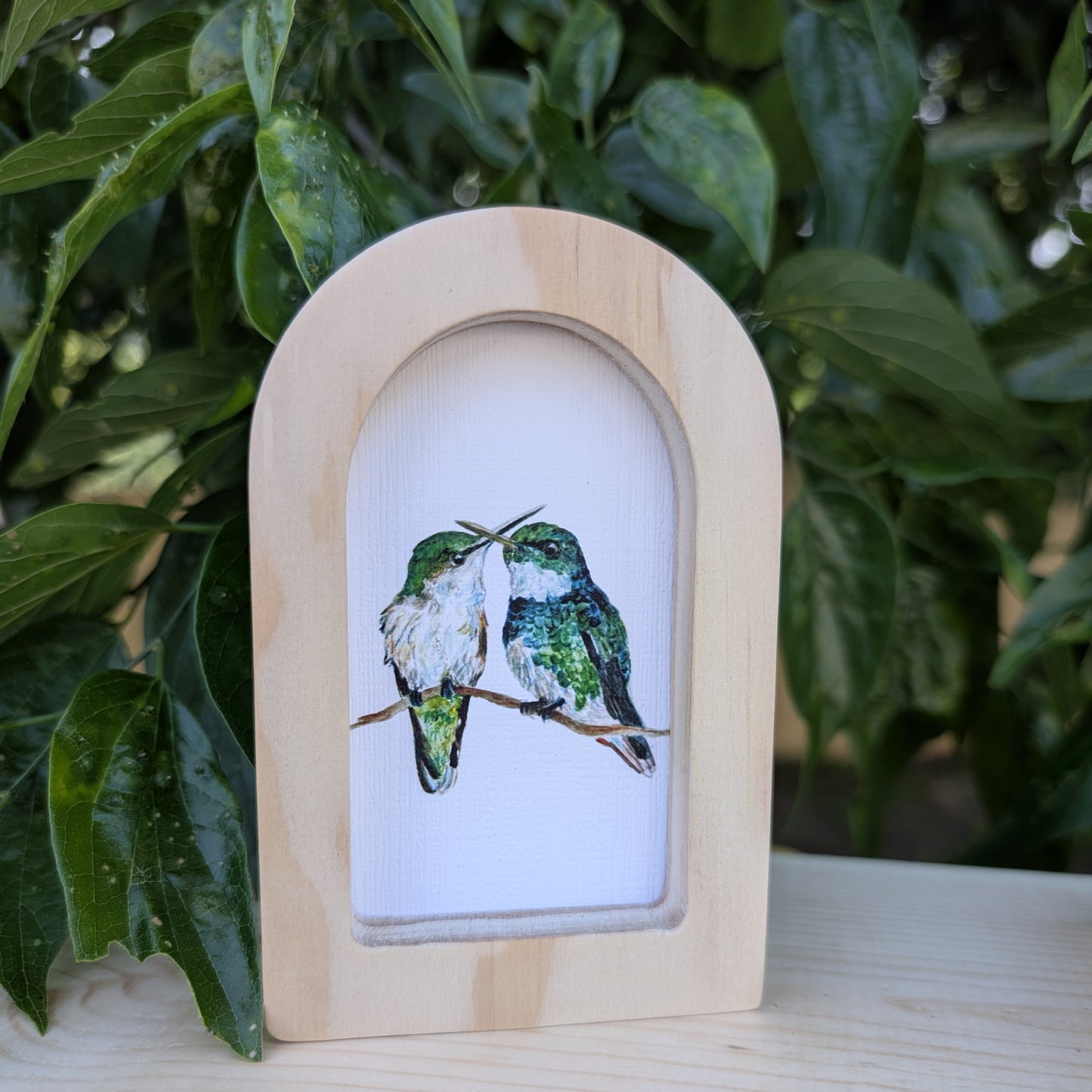 Mini Green Hummingbird Pair Print in Solid Wood Arch Frame