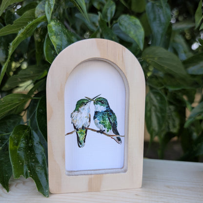 Mini Green Hummingbird Pair Print in Solid Wood Arch Frame