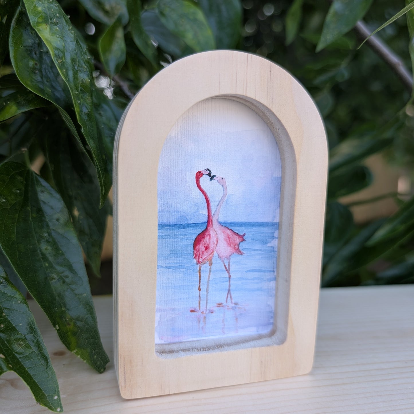 Mini Flamingos in Love Print - Print in Solid Wood Arch Frame
