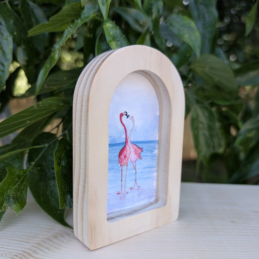 Mini Flamingos in Love Print - Print in Solid Wood Arch Frame