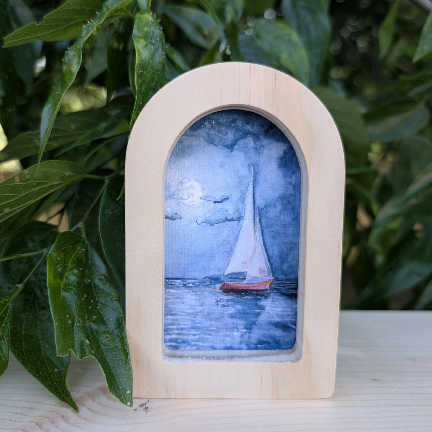Mini Sailboat at Night Art Print in Solid Wood Arch Frame
