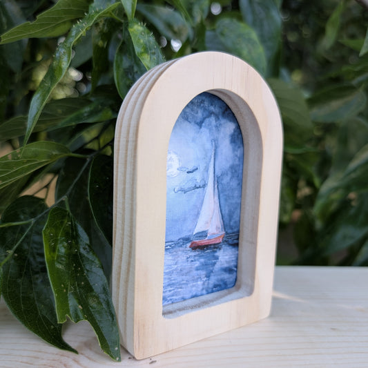 Mini Sailboat at Night Art Print in Solid Wood Arch Frame