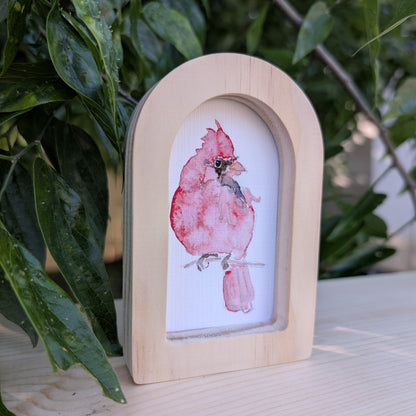 Mini Red Cardinal Bird Print in Solid Wood Arch Frame