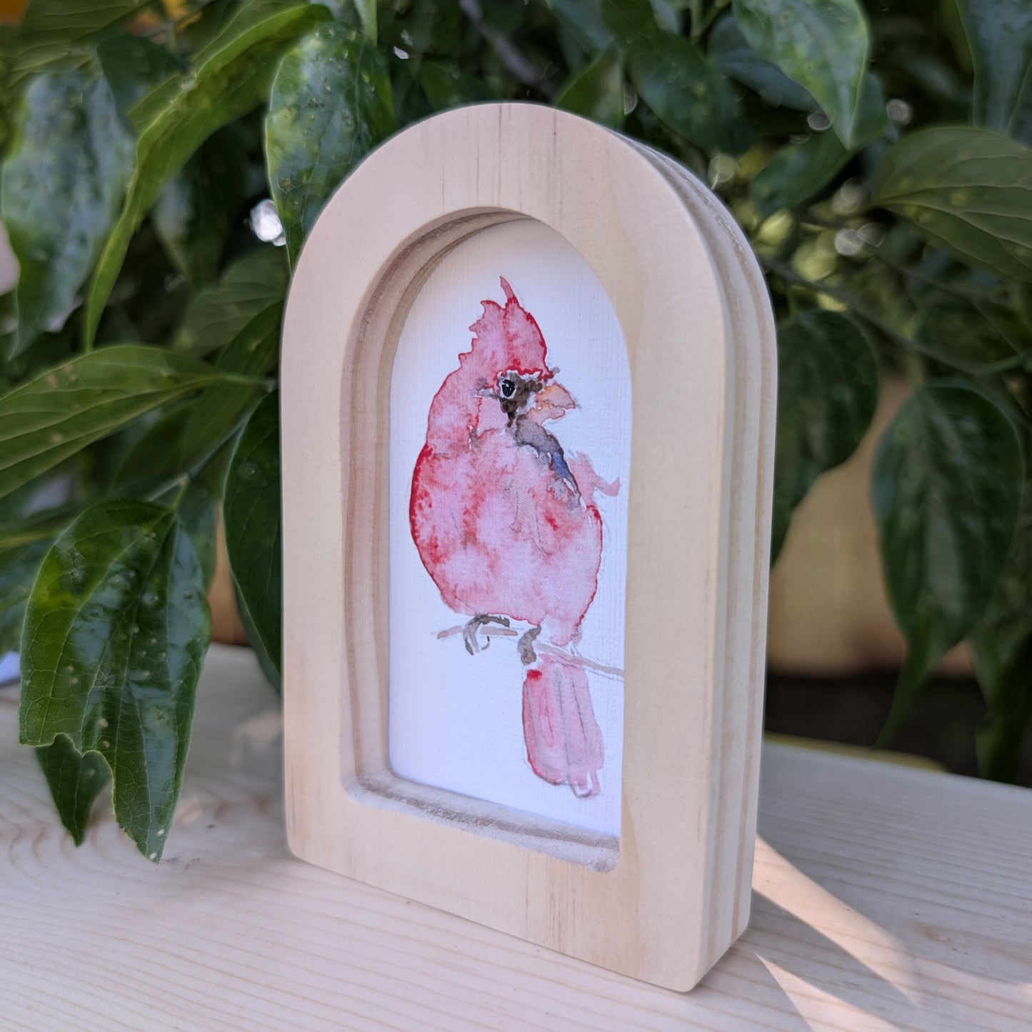 Mini Red Cardinal Bird Print in Solid Wood Arch Frame