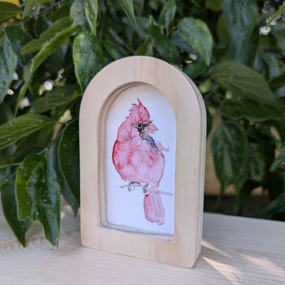 Mini Red Cardinal Bird Print in Solid Wood Arch Frame