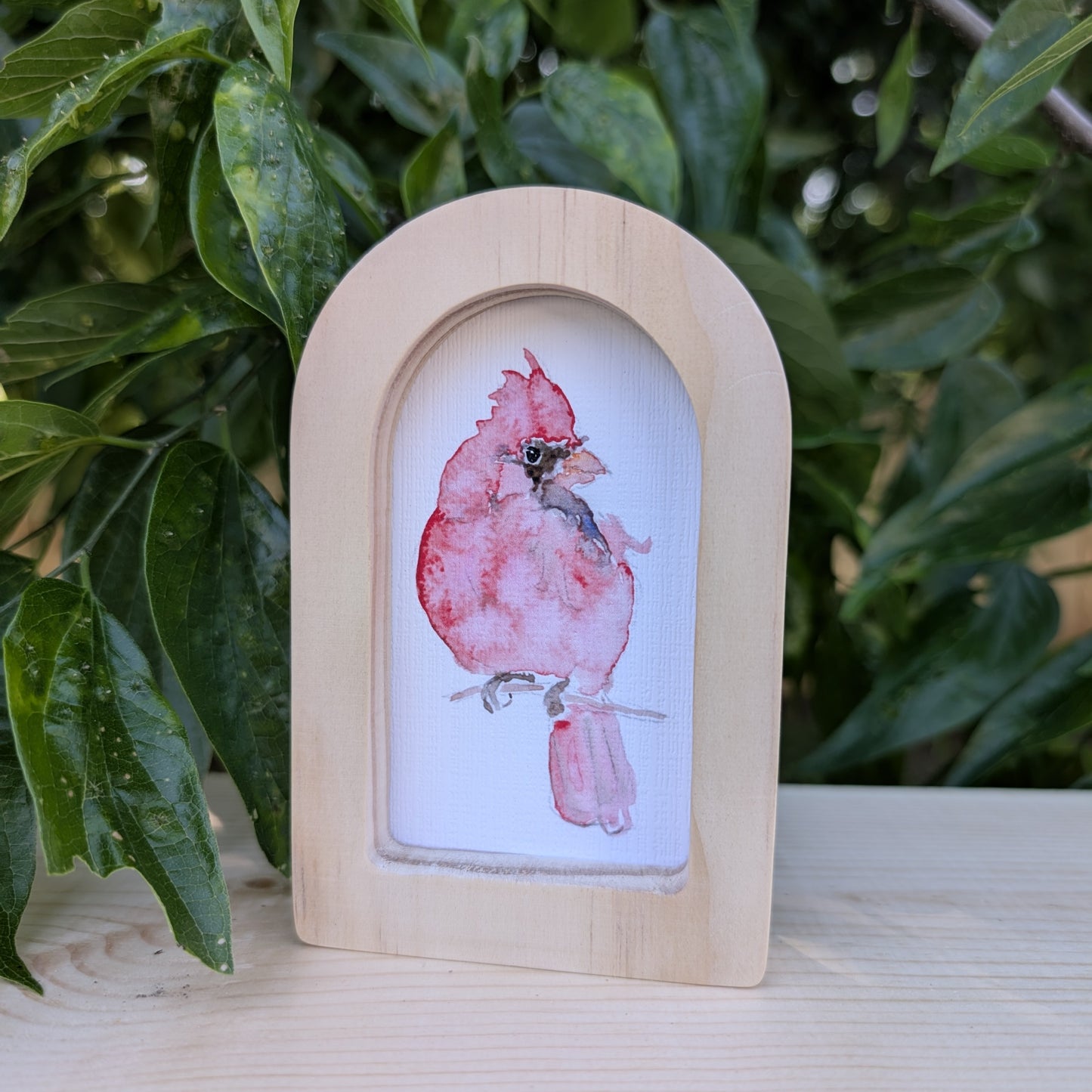 Mini Red Cardinal Bird Print in Solid Wood Arch Frame