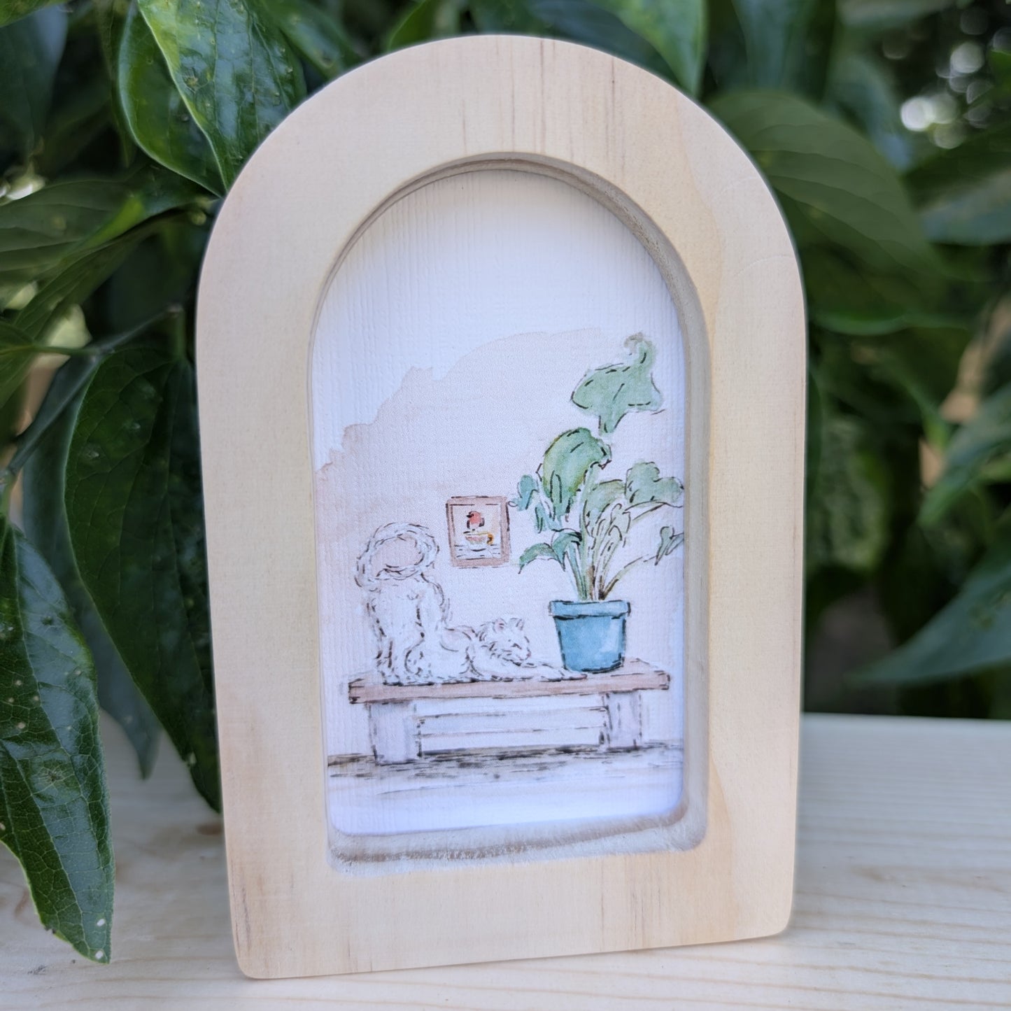 Mini Stretching Cat Art Print in Solid Wood Arch Frame