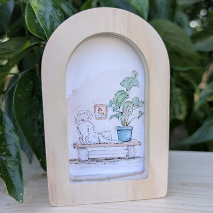 Mini Stretching Cat Art Print in Solid Wood Arch Frame