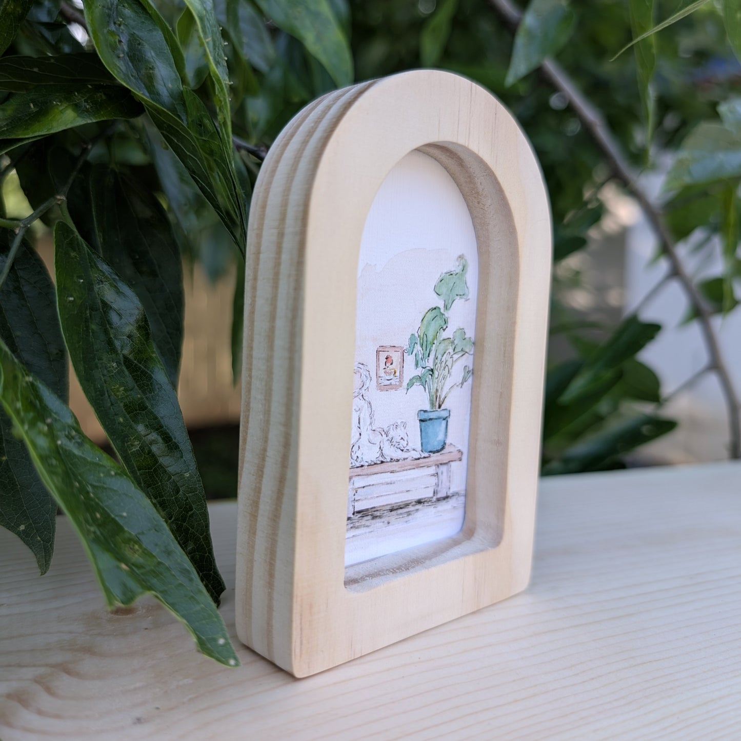Mini Stretching Cat Art Print in Solid Wood Arch Frame