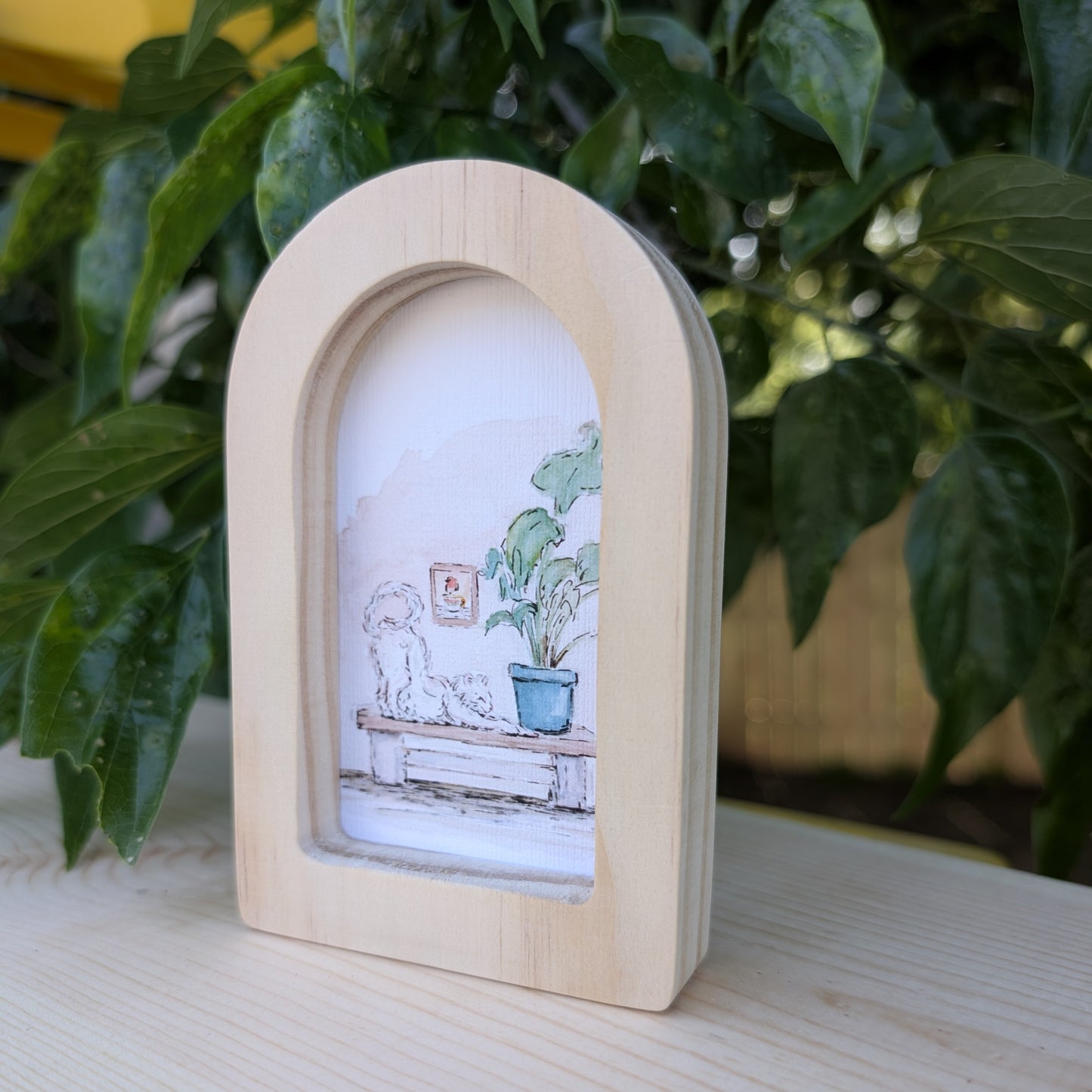 Mini Stretching Cat Art Print in Solid Wood Arch Frame