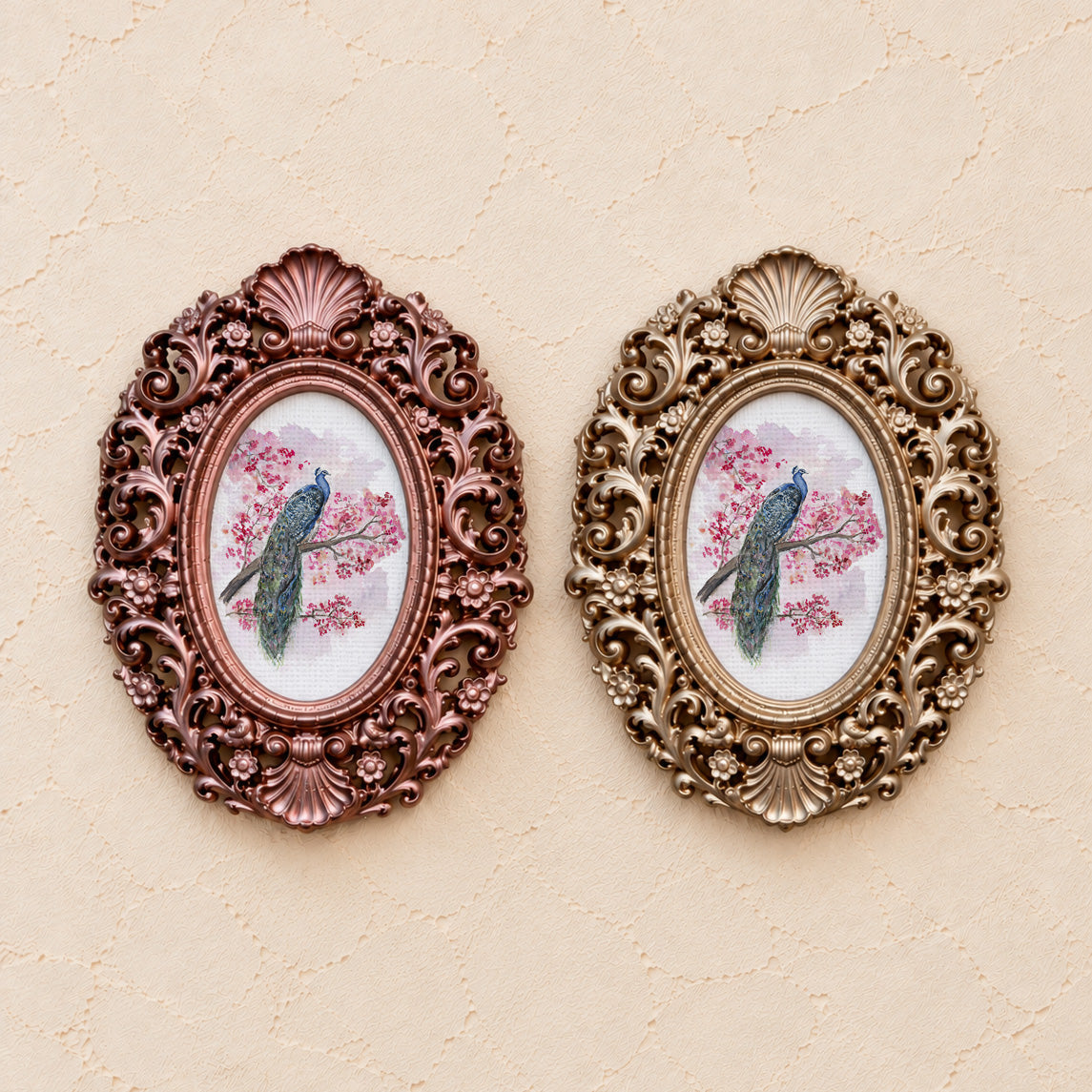 Peacock in Blossoms, Facing Left, gold and rose gold side by side