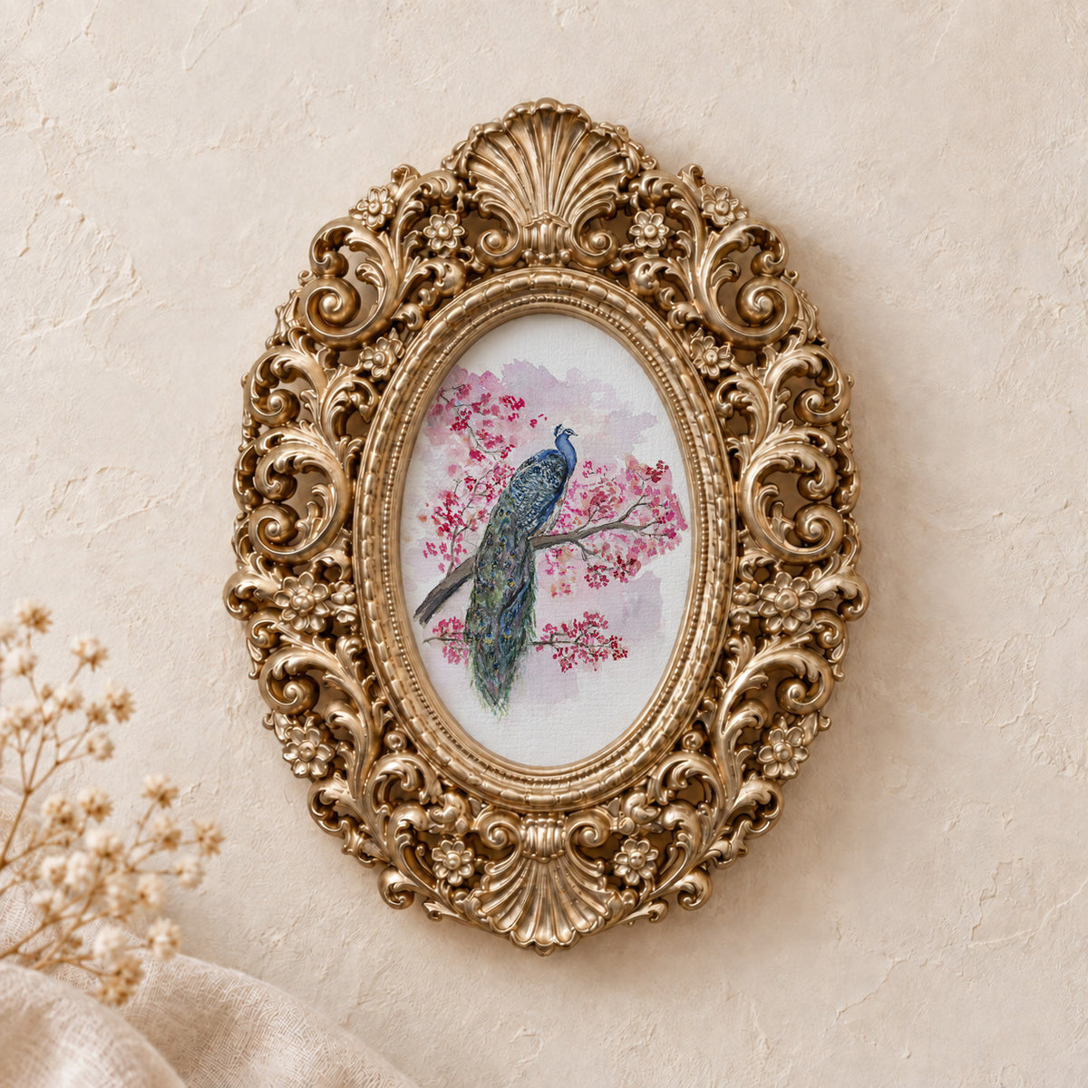 Peacock in Blossoms, Facing Left framed art print, gold baroque frame