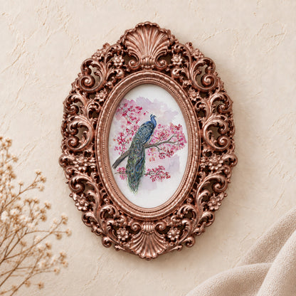 Peacock in Blossoms, Facing Left framed art print, rose gold baroque frame
