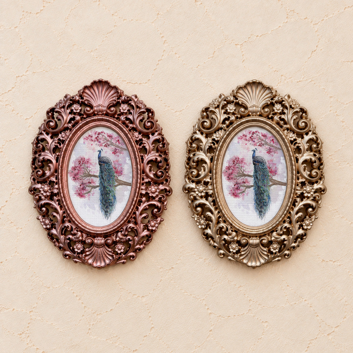 Peacock in Blossoms, Facing Right, gold and rose gold side by side