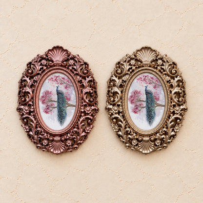 Peacock in Blossoms, Facing Right, gold and rose gold side by side