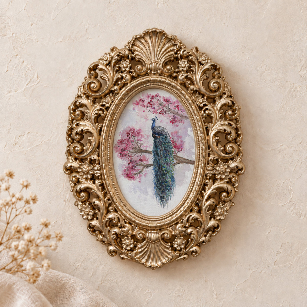 Peacock in Blossoms, Facing Right framed art print, gold baroque frame