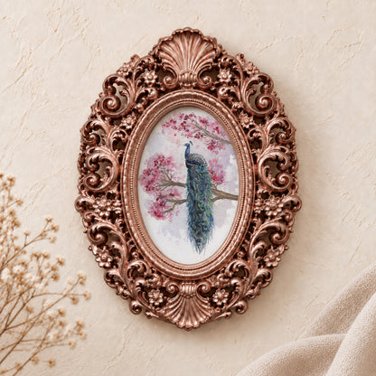 Peacock in Blossoms, Facing Right framed art print, rose gold baroque frame