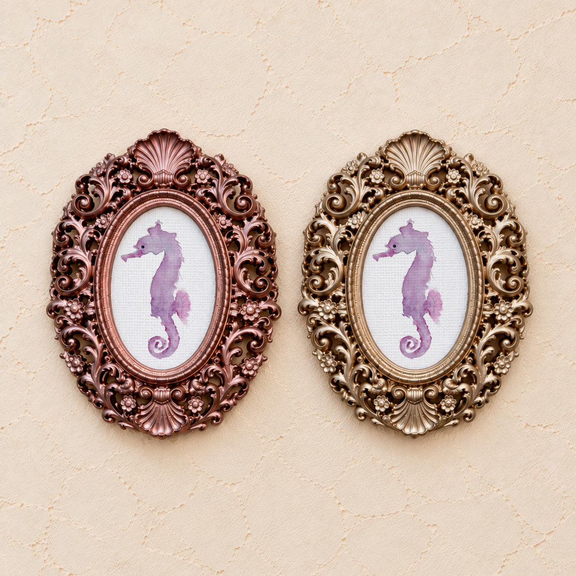 Pink Seahorse, gold and rose gold side by side