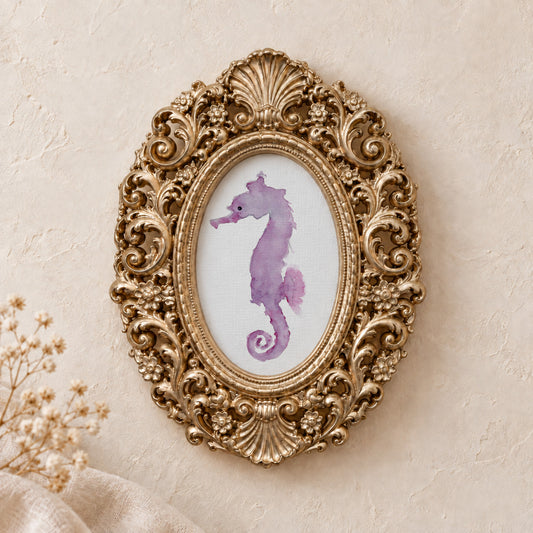 Pink Seahorse framed art print, gold baroque frame
