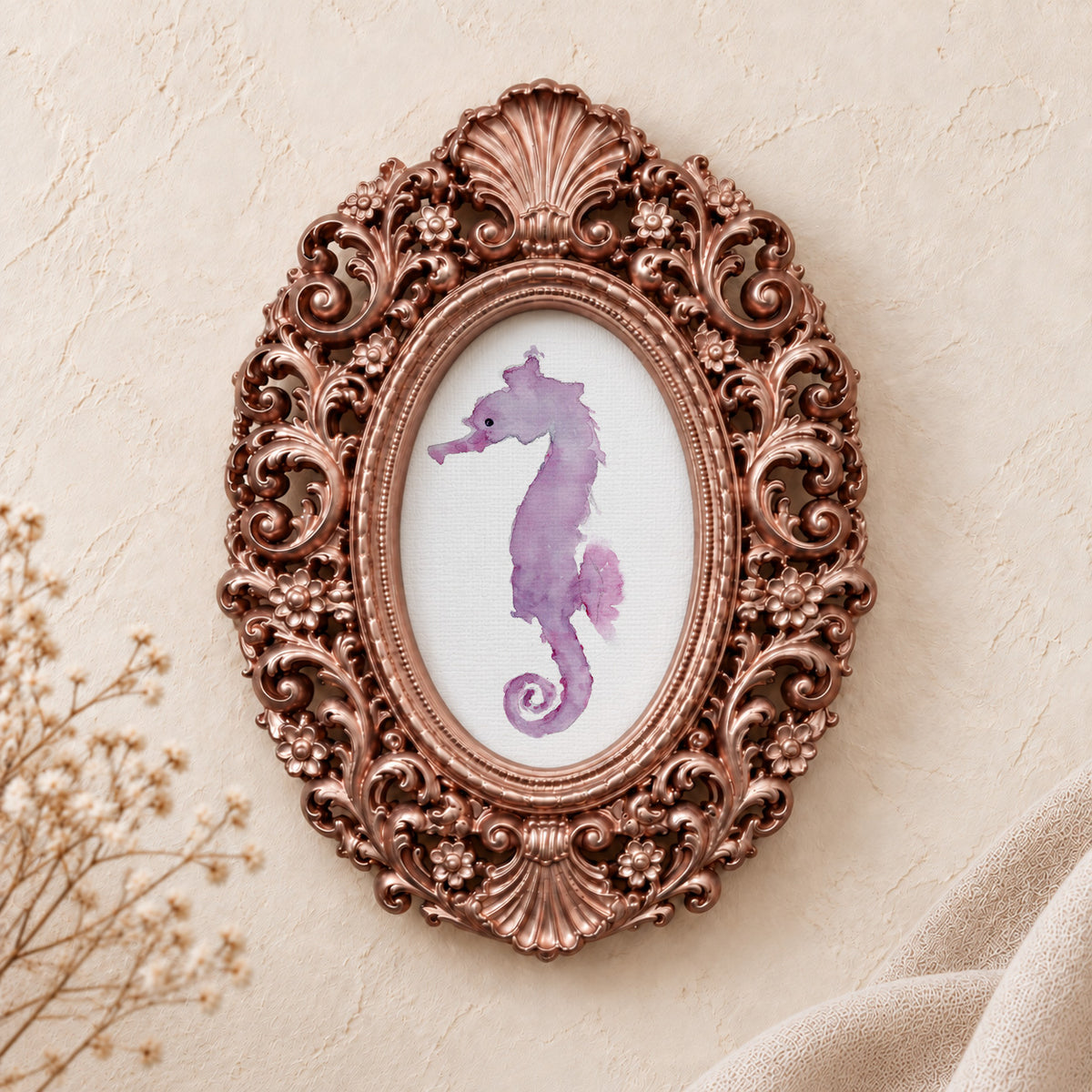 Pink Seahorse framed art print, rose gold baroque frame