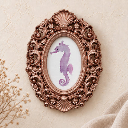 Pink Seahorse framed art print, rose gold baroque frame