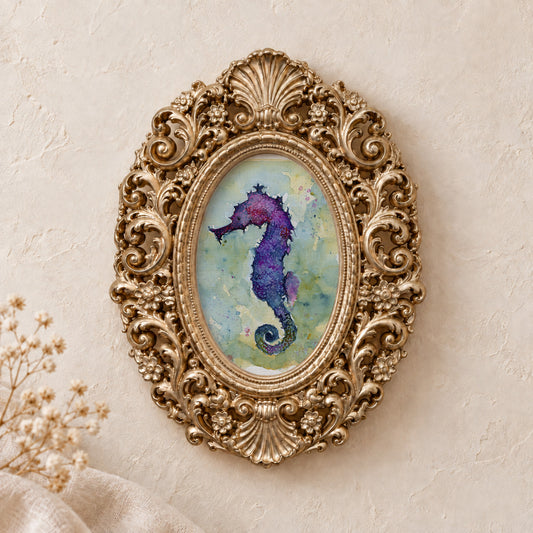 Purple Seahorse framed art print, gold baroque frame