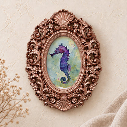 Purple Seahorse framed art print, rose gold baroque frame