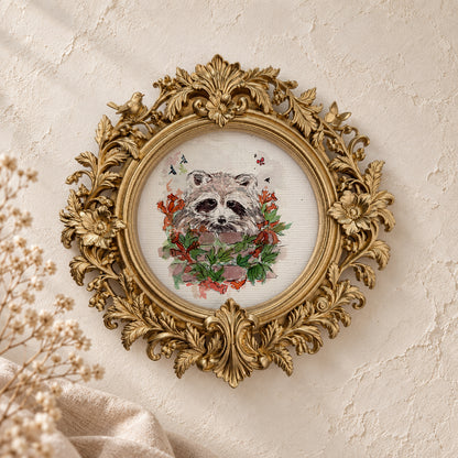 Raccoon and Flowers round framed art print, gold baroque frame
