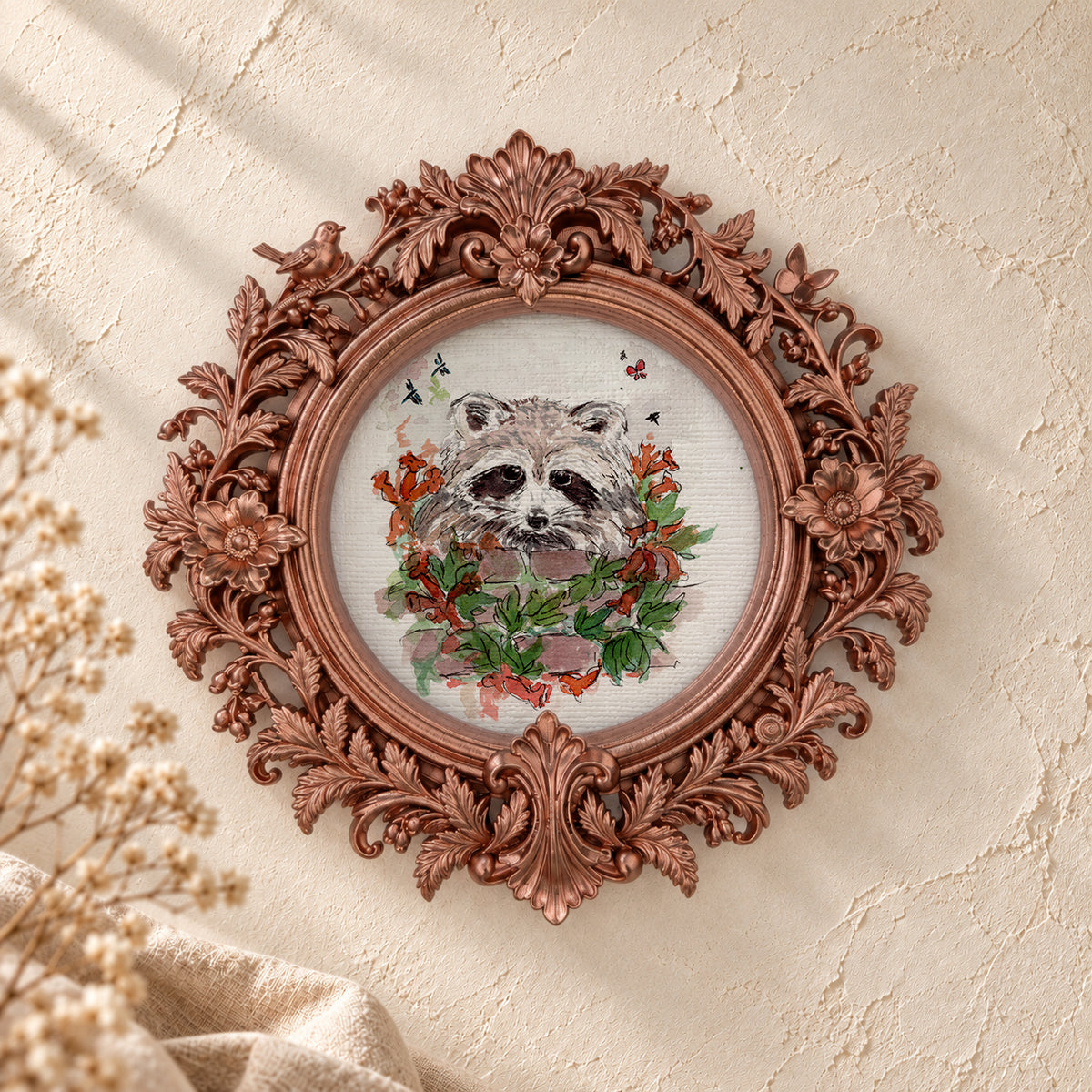 Raccoon and Flowers round framed art print, rose gold baroque frame