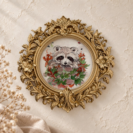 Raccoon and Flowers — Round Framed Art Print