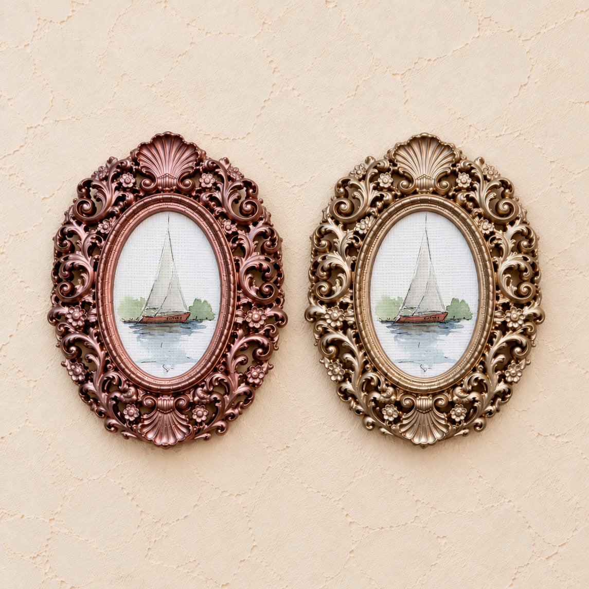 Red-Hulled Sailboat, gold and rose gold side by side
