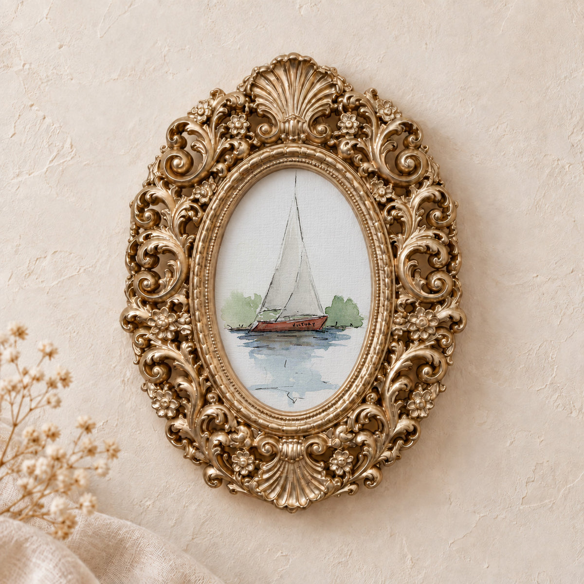 Red-Hulled Sailboat framed art print, gold baroque frame